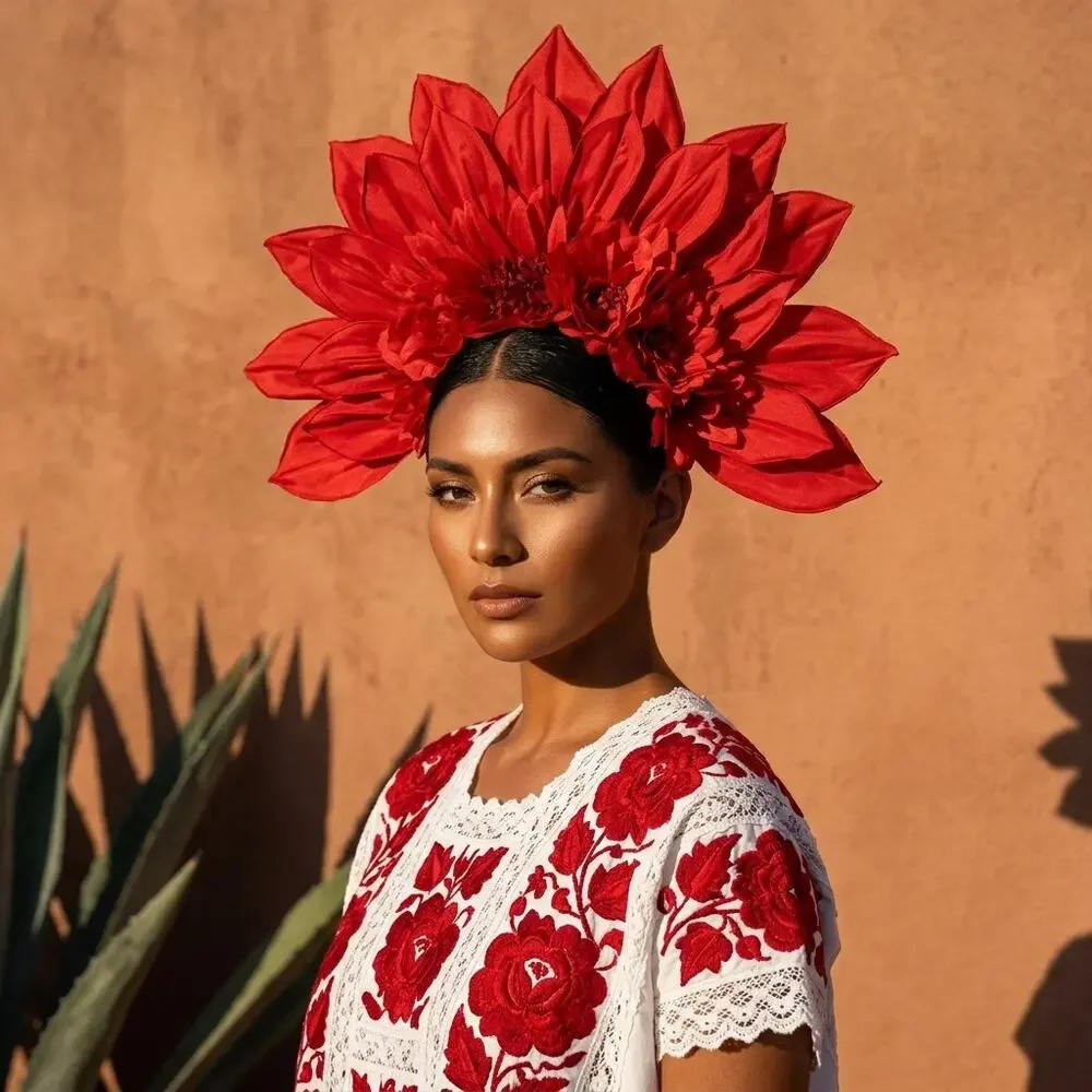 Red Flower  Traditional Mexican day of the dead  – Handmade crepe paper 23x18x5